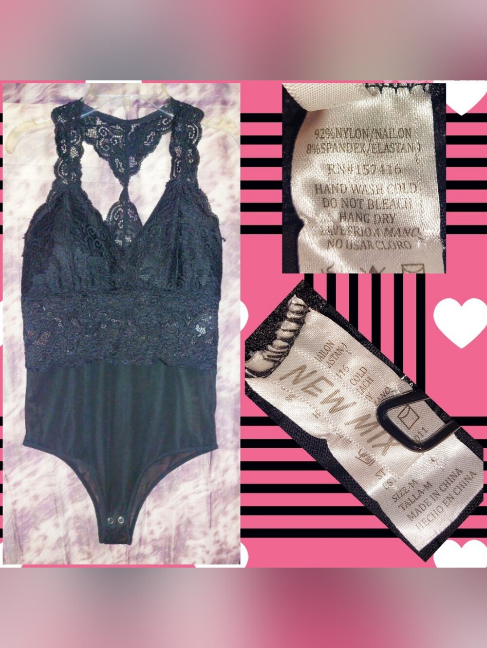 New Mix brand Black Lace & Mesh Semi Sheer Tank Racerback Bodysuit Sz Medium